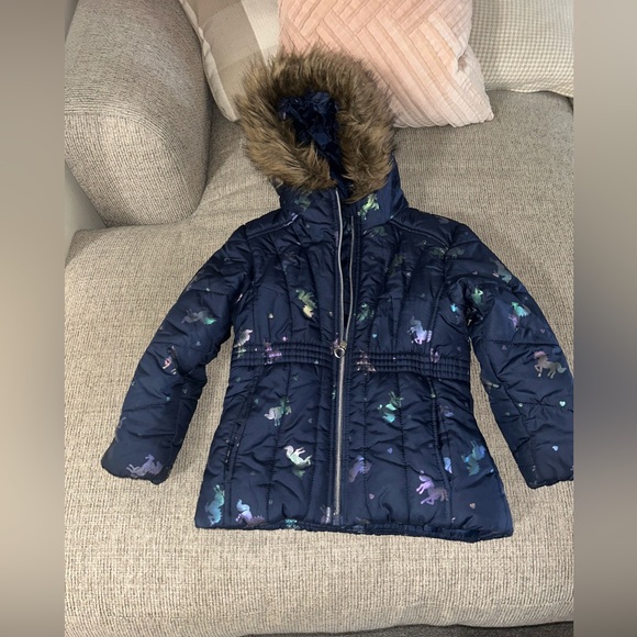 Other - Navy Unicorn Print Puffer Jacket with Fur Hood girls size 6x